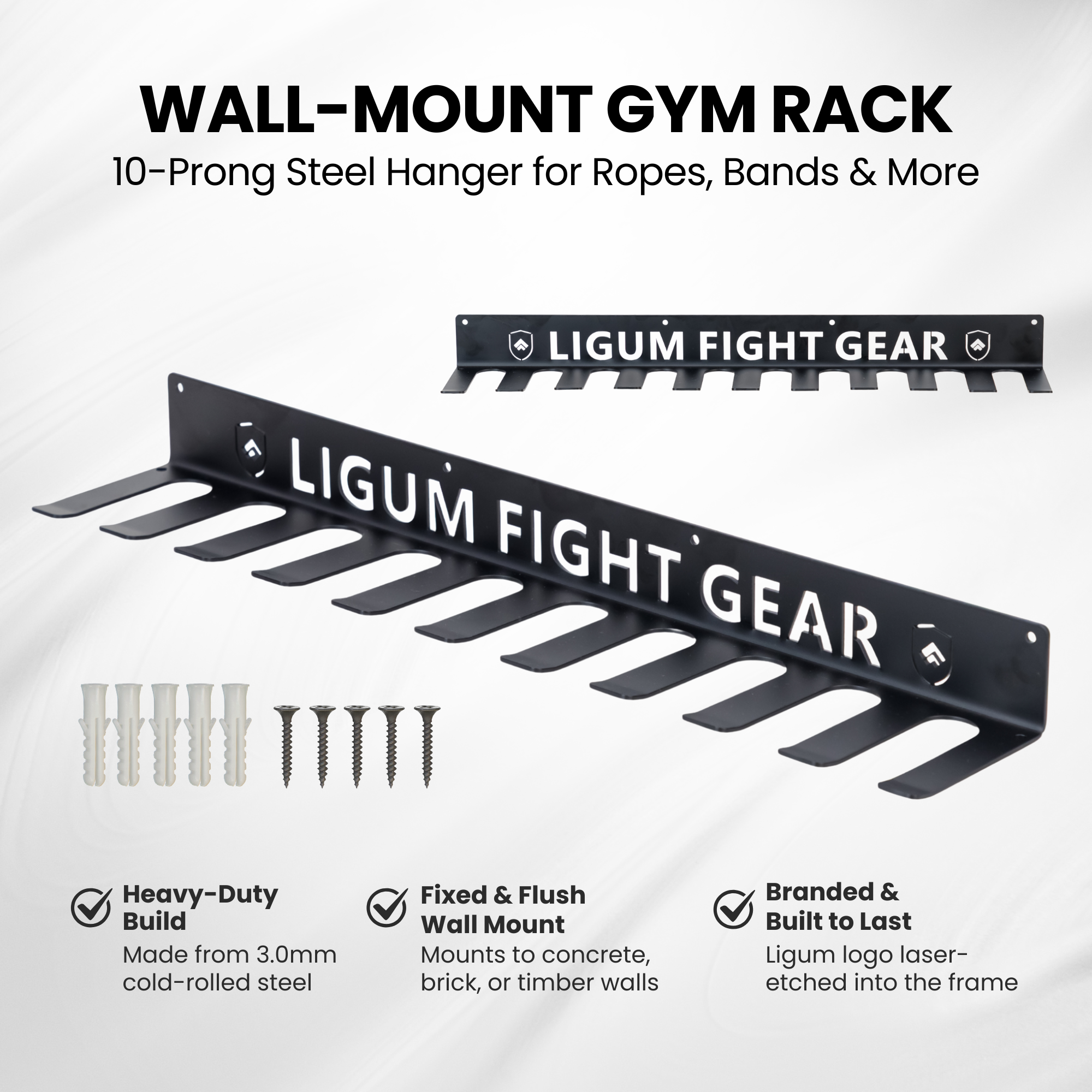 Wall-Mount Gym Rack - 3mm Steel, 10-Prong Hanger for Ropes and Bands