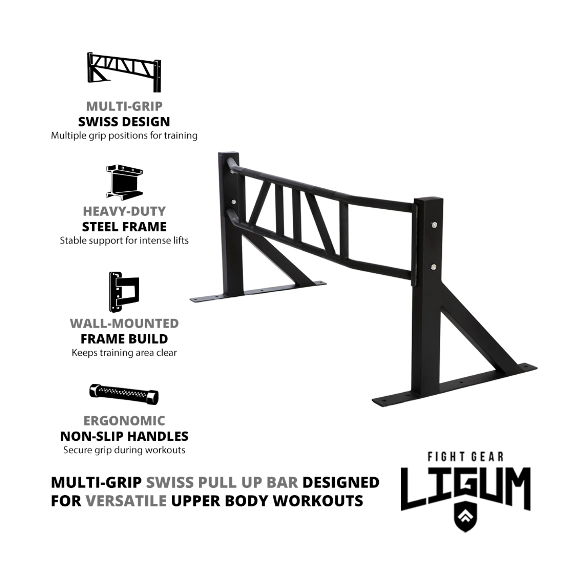 Swiss Pull Up Bar - Multi Grip - Wall Mounted - Heavy Duty Steel