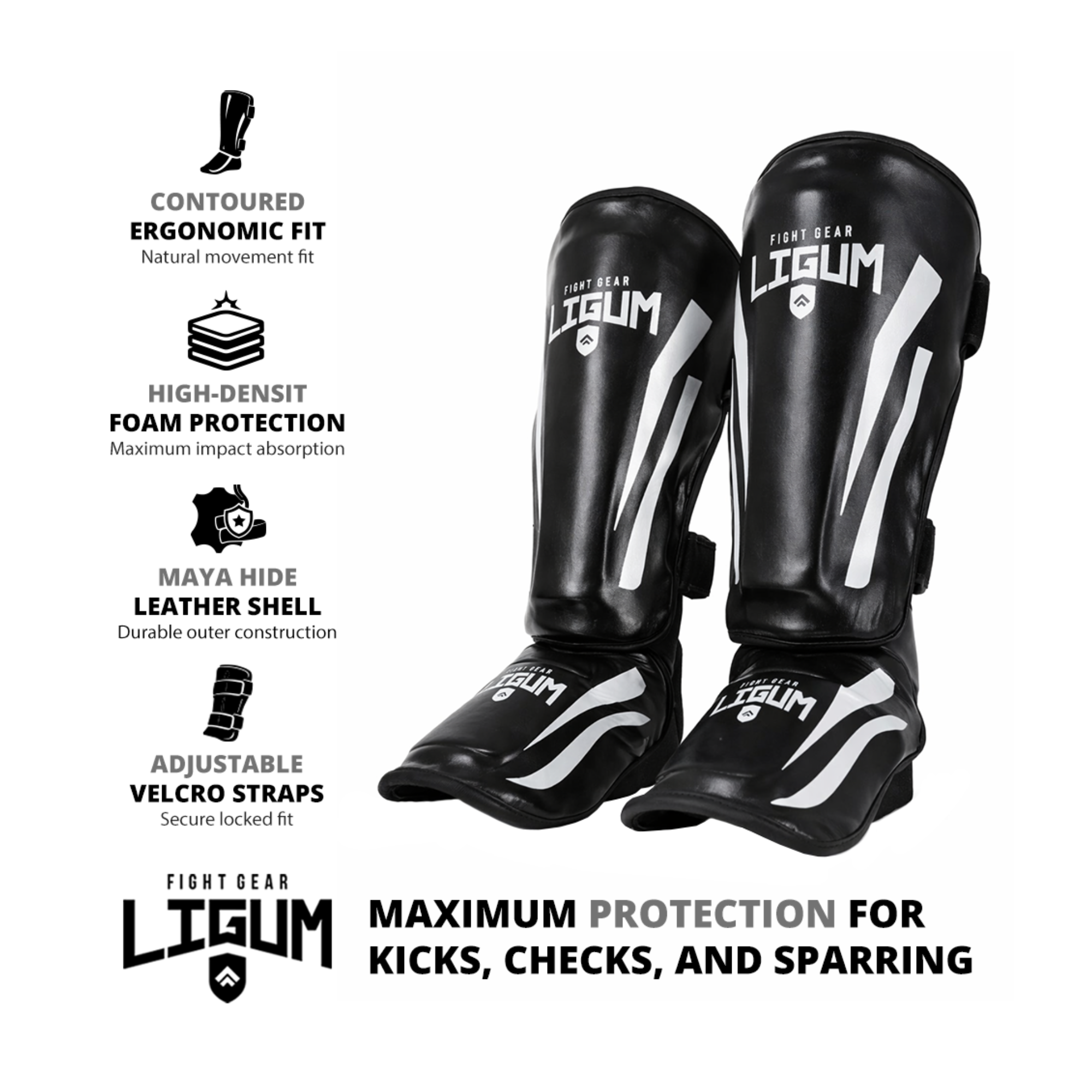 Shin Pads - MMA and Muay Thai - High Density Contoured - Impact Protection - Black/White