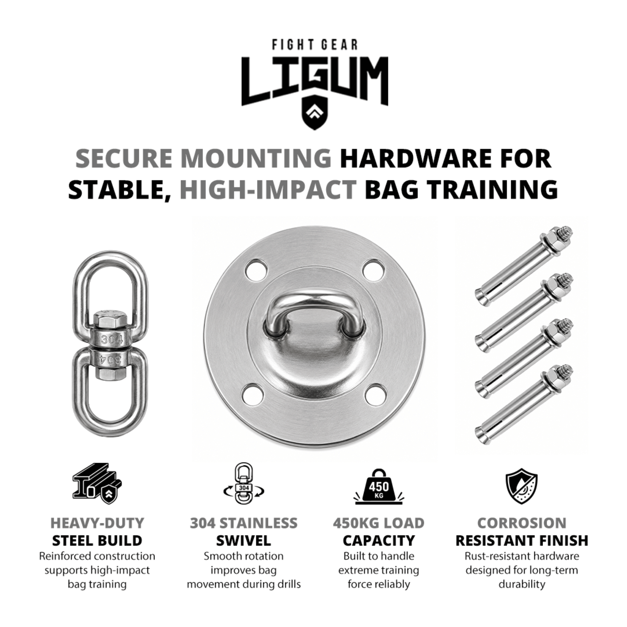 Fixed Boxing Bag Bracket & Swivel Hooks - 360° Rotation - Stainless Steel